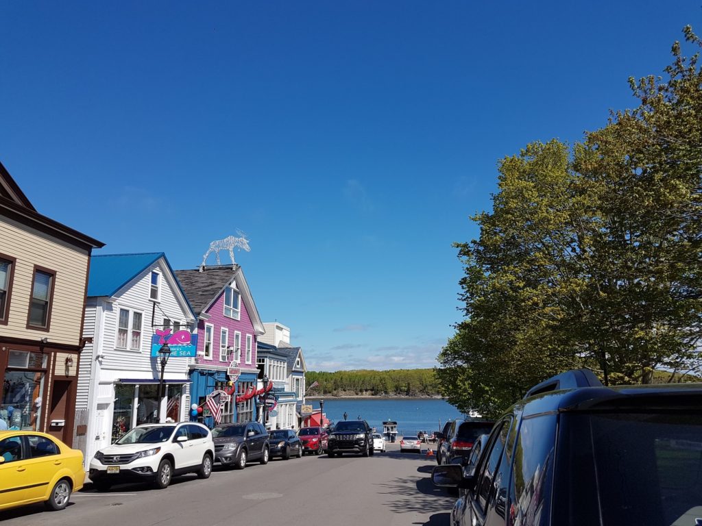 Downtown Bar Harbor is a quaint New England town. The photo shows Main Street with its shops, park, and waterfront.