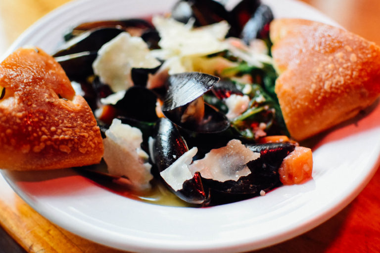 Geddy's for the best lobster and seafood in Bar Harbor, Maine, including popular local steamed mussels with fresh focaccia.