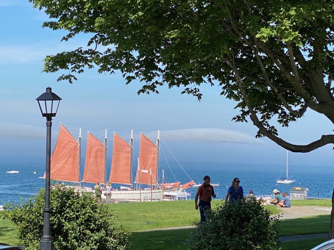 Agamont Park and the Harbor with the Margaret Todd Schooner, Downtown Bar Harbor Maine, Mount Desert Island, Maine