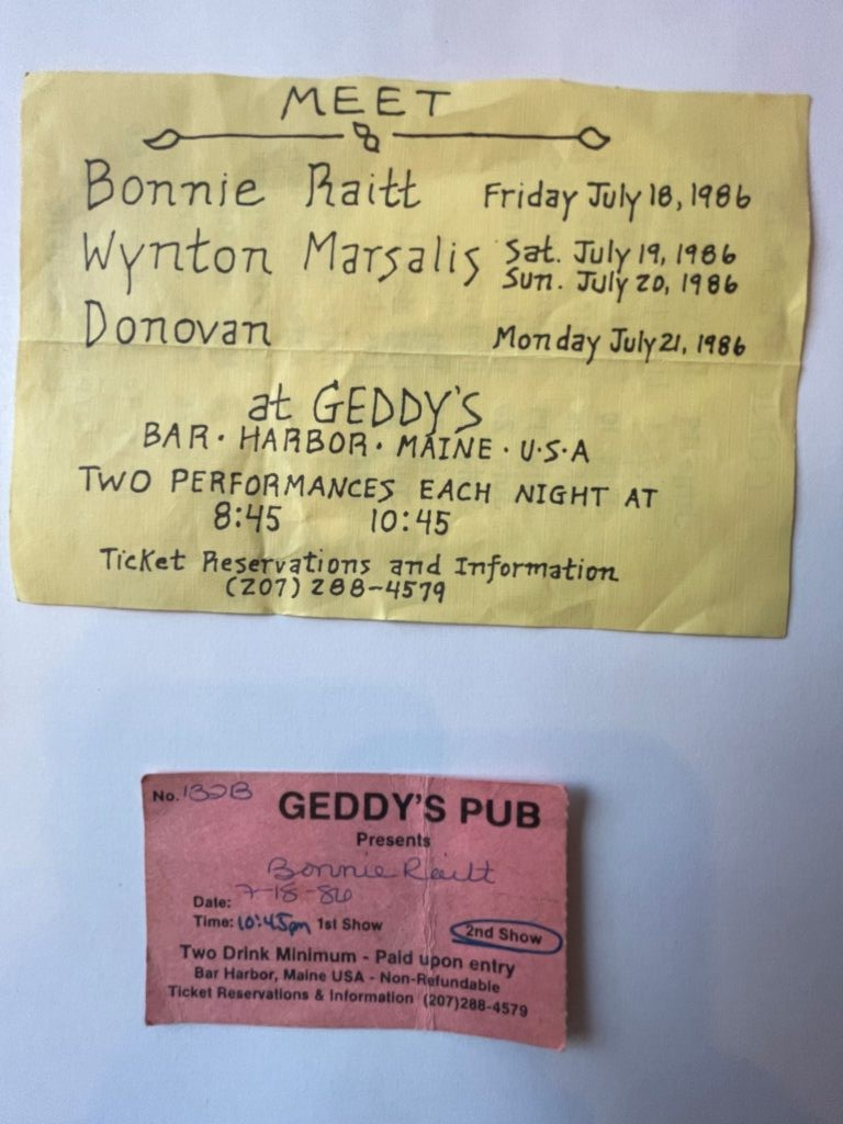 Geddy's Upcoming Ticket Sales for Bonnie Raitt, Wynton Marsalis, and Donovan - July, 1986. Geddy's Pub ticket for Bonnie Raitt show on 7-18-1986.