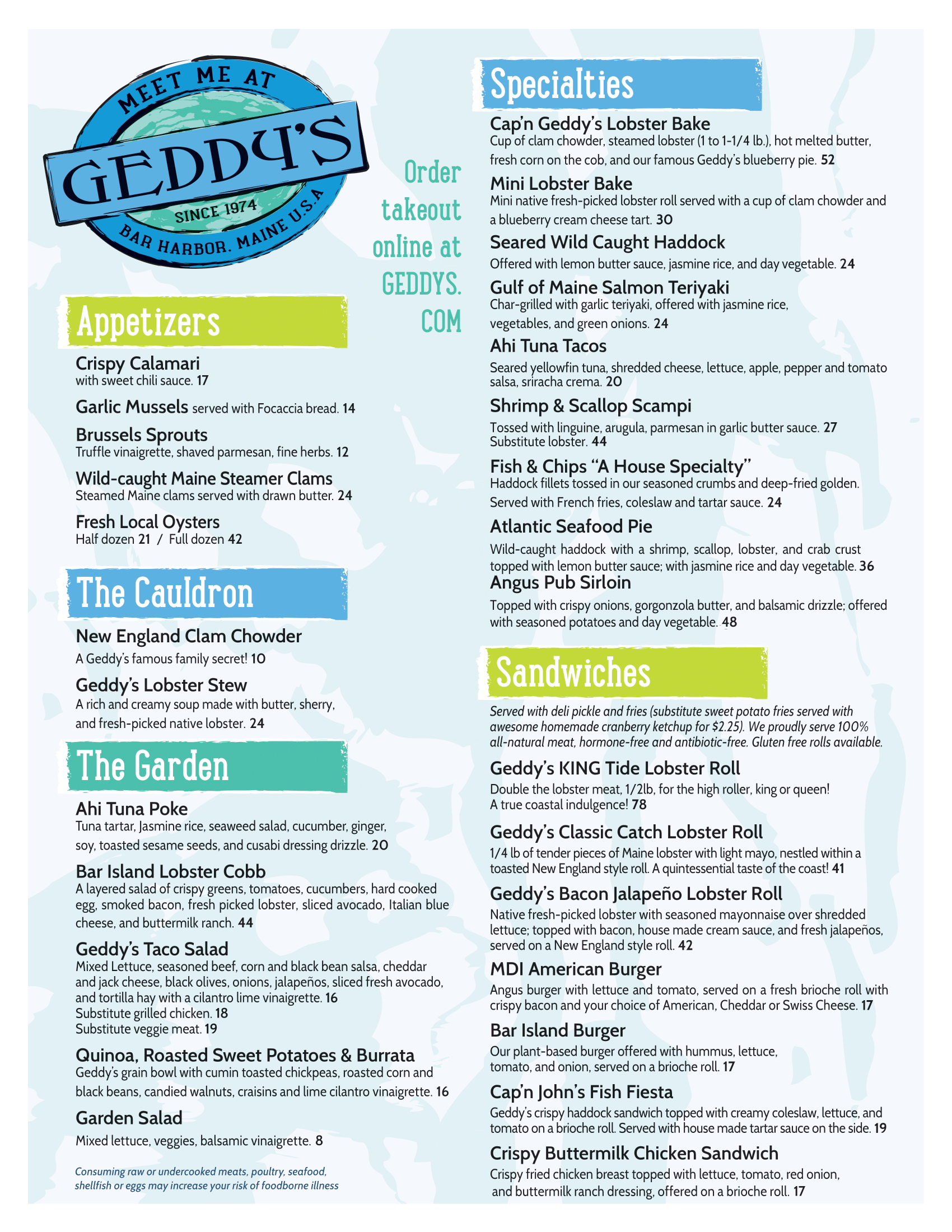 Geddy's colorful Menu in pdf form for printing, page 1