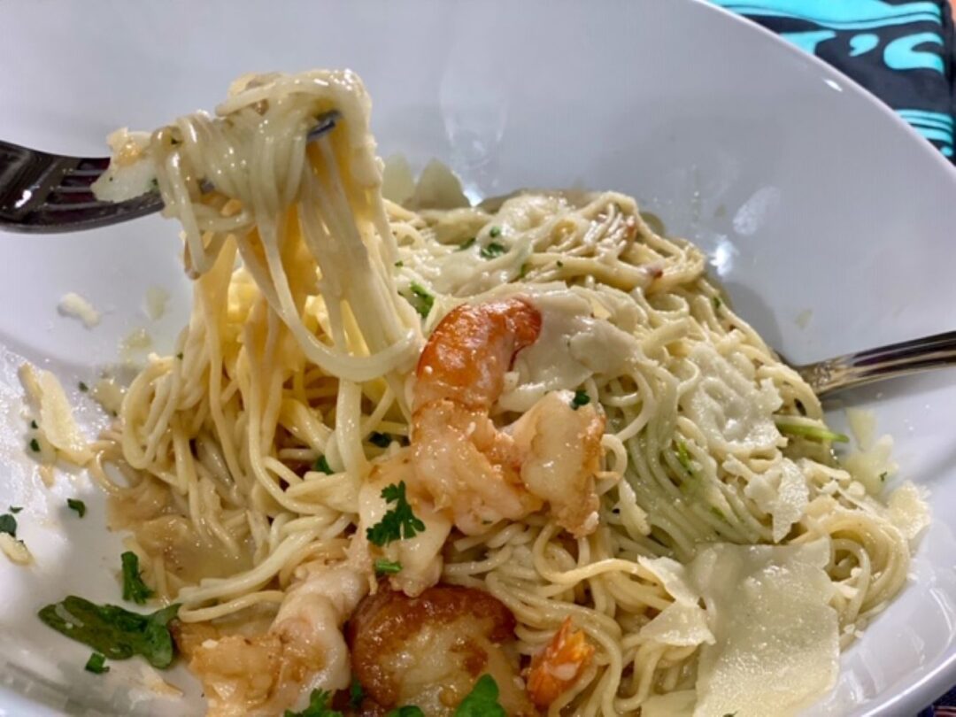 Seafood pasta with scallops and shrimp (lobster optional) at Geddy's in Bar Harbor, Maine