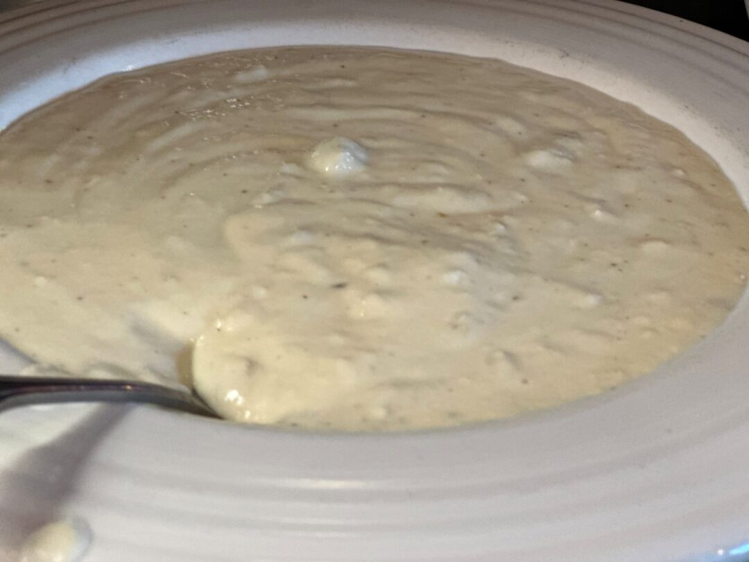 Creamy New England clam chowder served at Geddy's in Bar Harbor, Maine