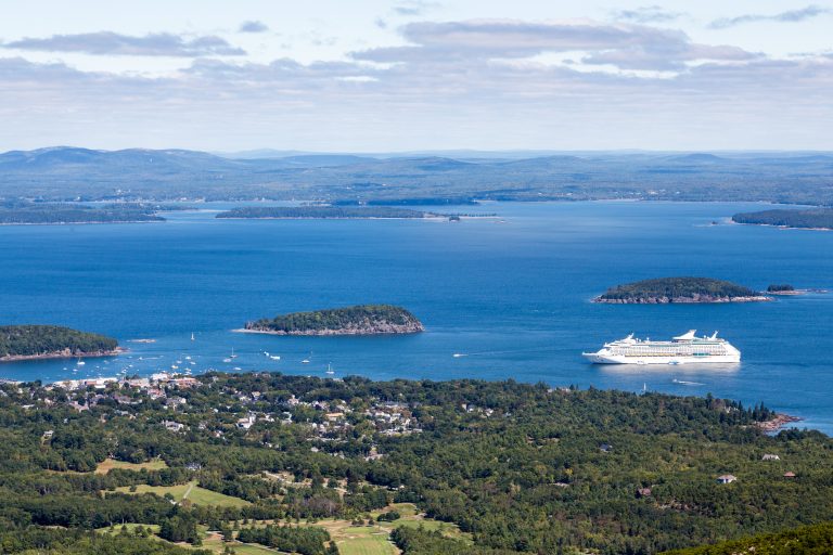 View from Cadillac Mountain overlooking Bar Harbor and the Porcupine Islands in Acadia National Park.
