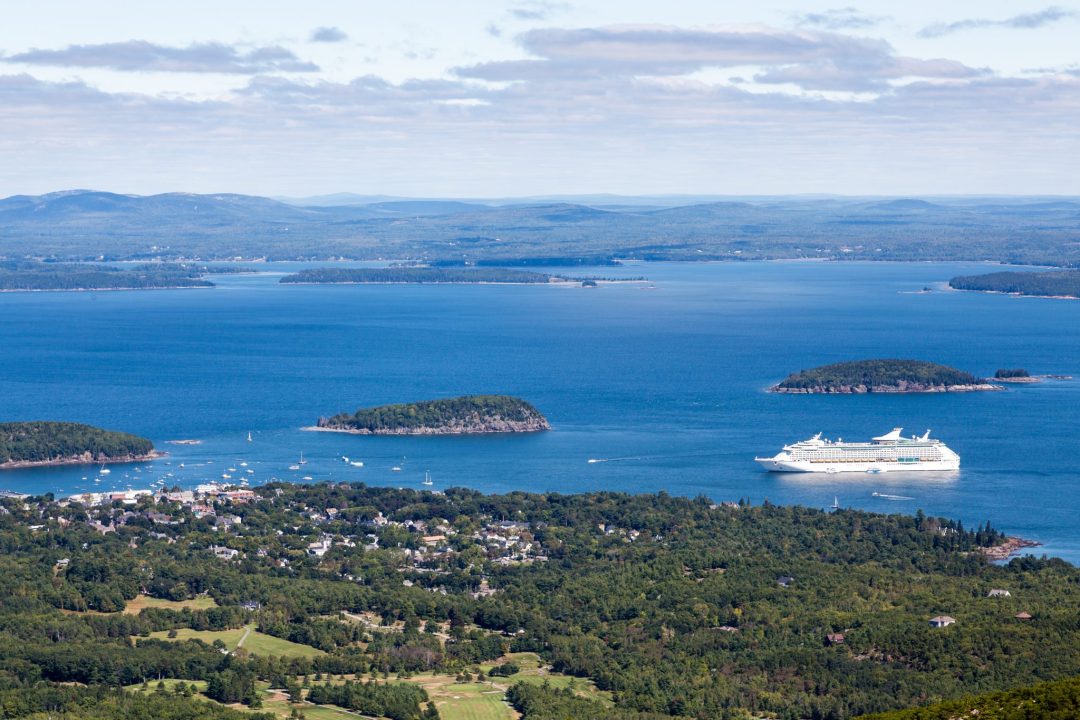 View from Cadillac Mountain overlooking Bar Harbor and the Porcupine Islands in Acadia National Park.