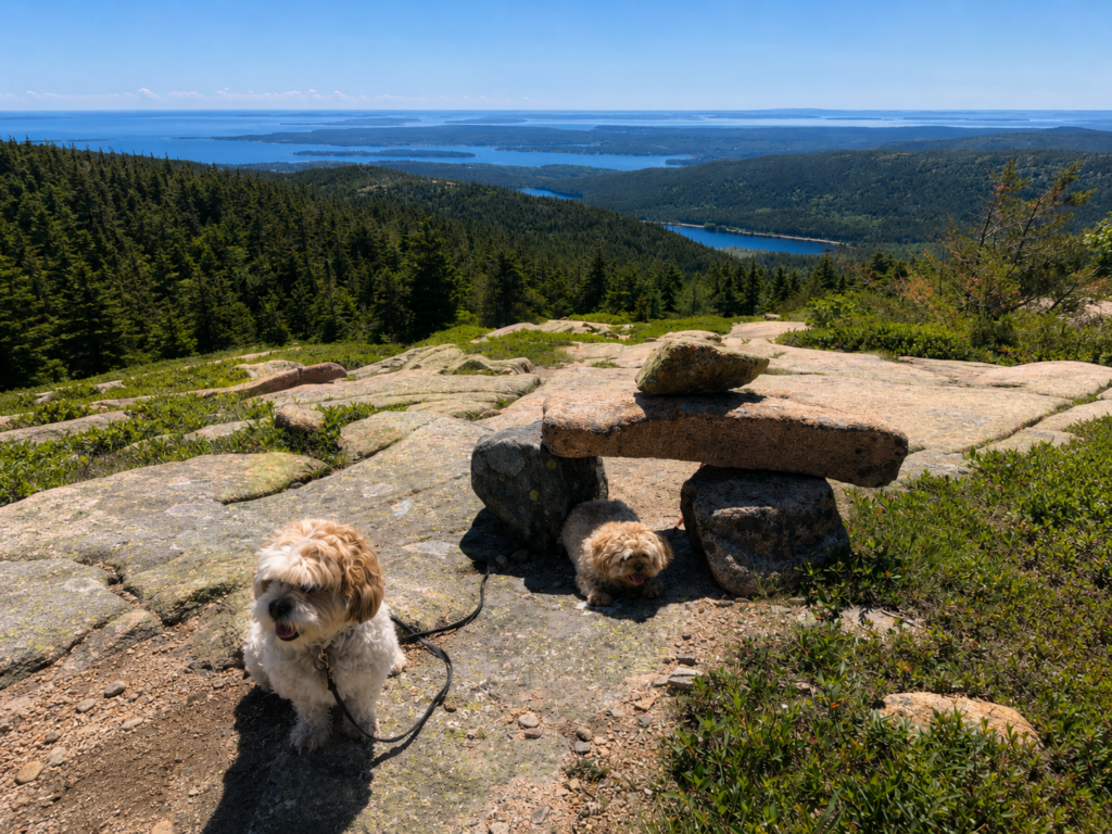 Two dogs resting on Cadillac Mountain overlook in Acadia National Park with lakes, the ocean, and islands in the distance.